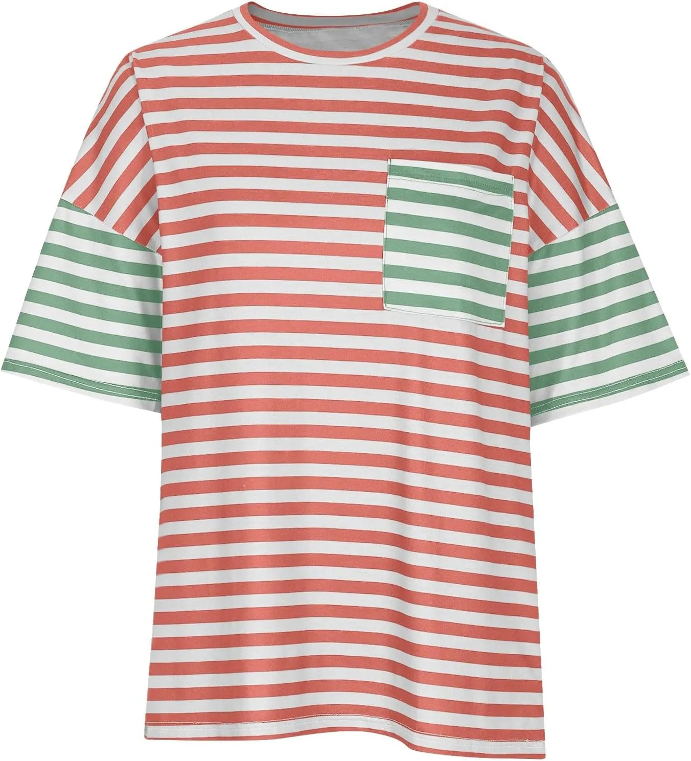 Womens Oversized Crewneck Basic Tops Trendy Colorblock Stripes Short Sleeve Shirts Summer Casual Loose Fit Y2K Tee