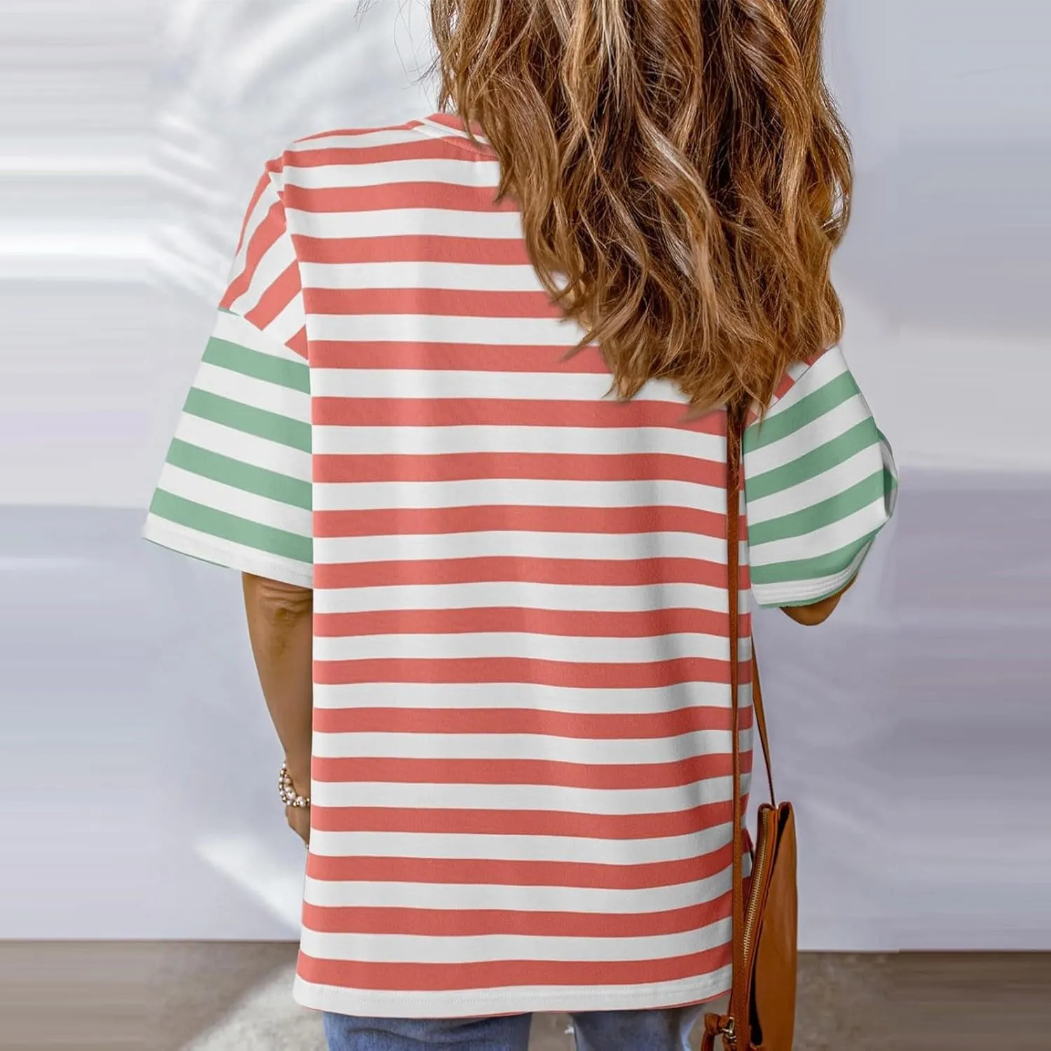 Womens Oversized Crewneck Basic Tops Trendy Colorblock Stripes Short Sleeve Shirts Summer Casual Loose Fit Y2K Tee