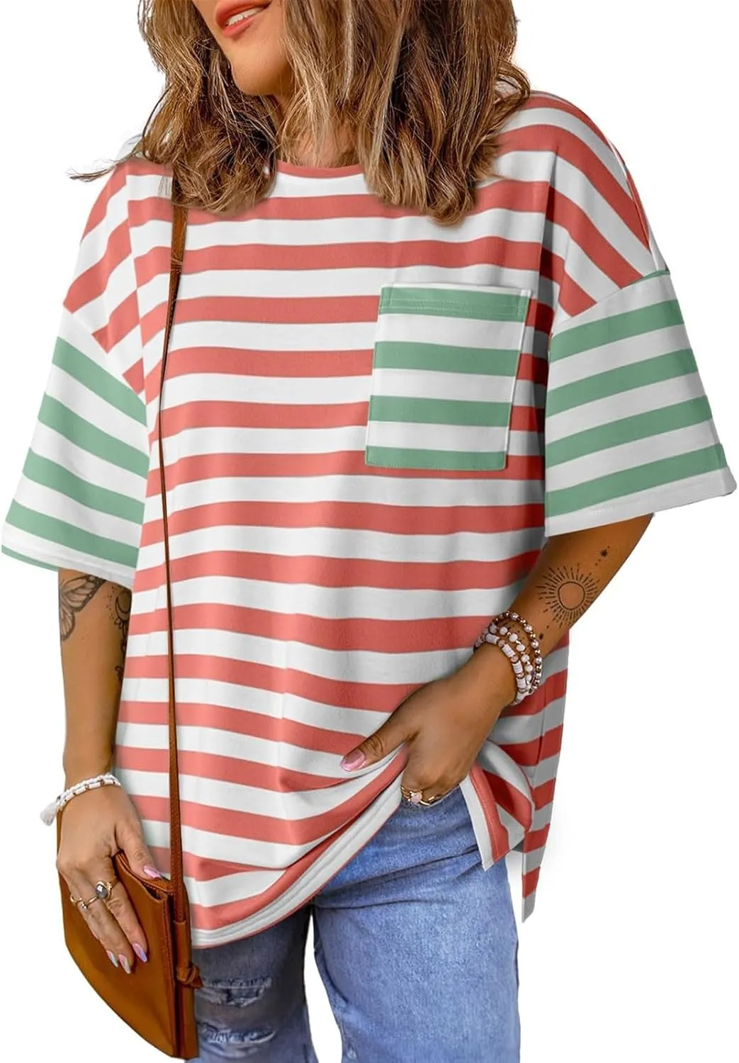 Womens Oversized Crewneck Basic Tops Trendy Colorblock Stripes Short Sleeve Shirts Summer Casual Loose Fit Y2K Tee