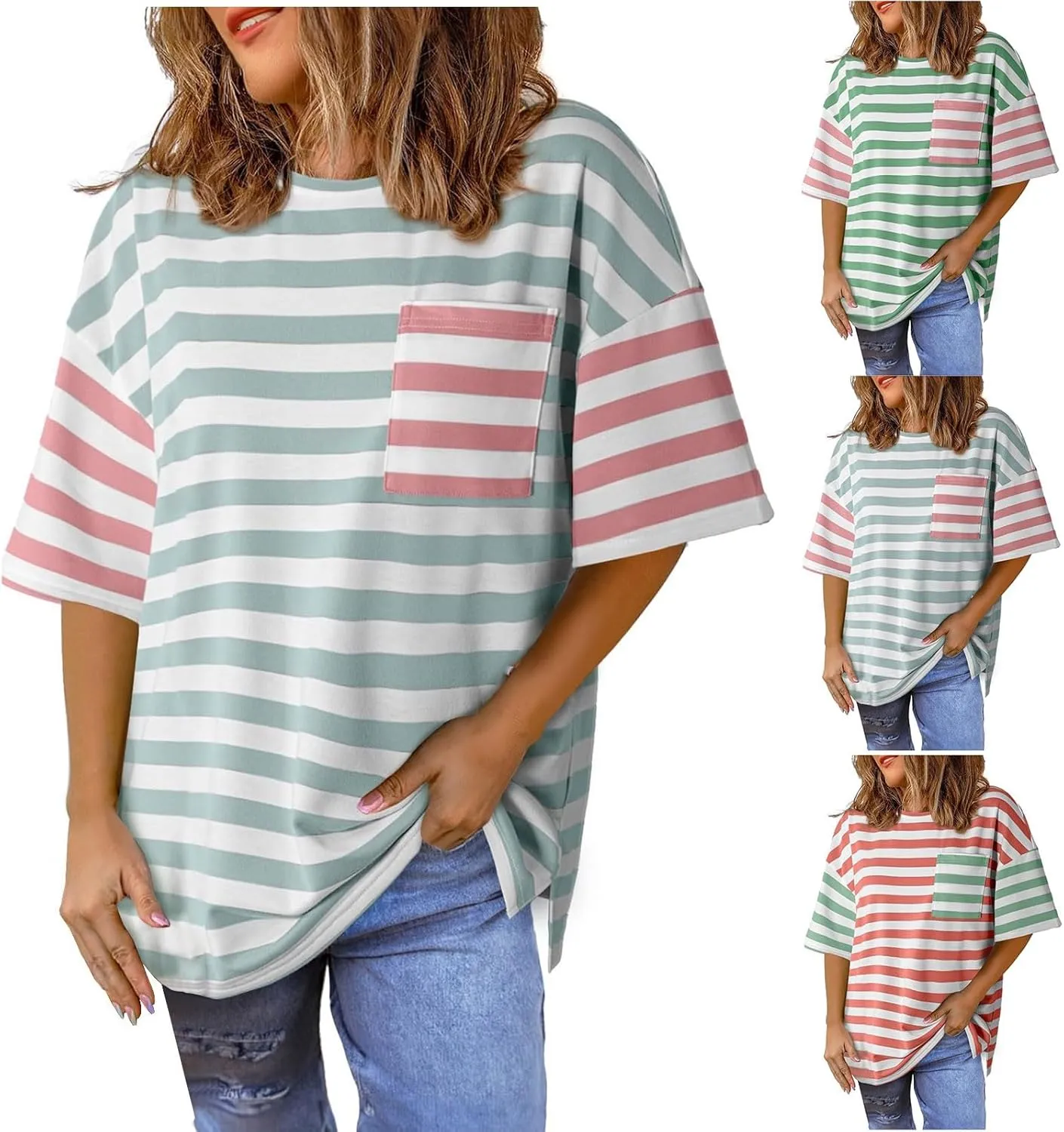 Womens Oversized Crewneck Basic Tops Trendy Colorblock Stripes Short Sleeve Shirts Summer Casual Loose Fit Y2K Tee