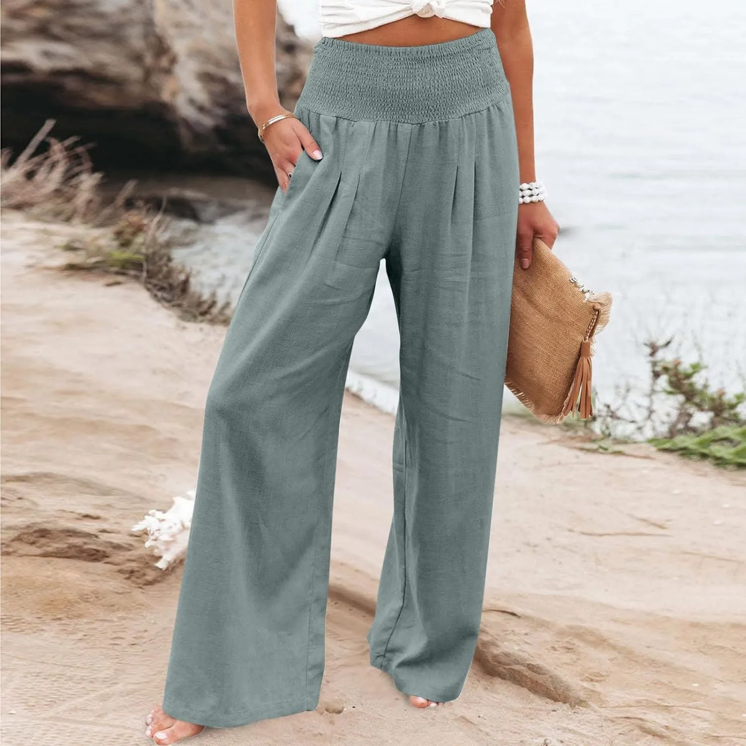 Womens Pants Pants for Women Linen Loose Fit High Cut Flare Wide Leg Fall Summer Pants 2025