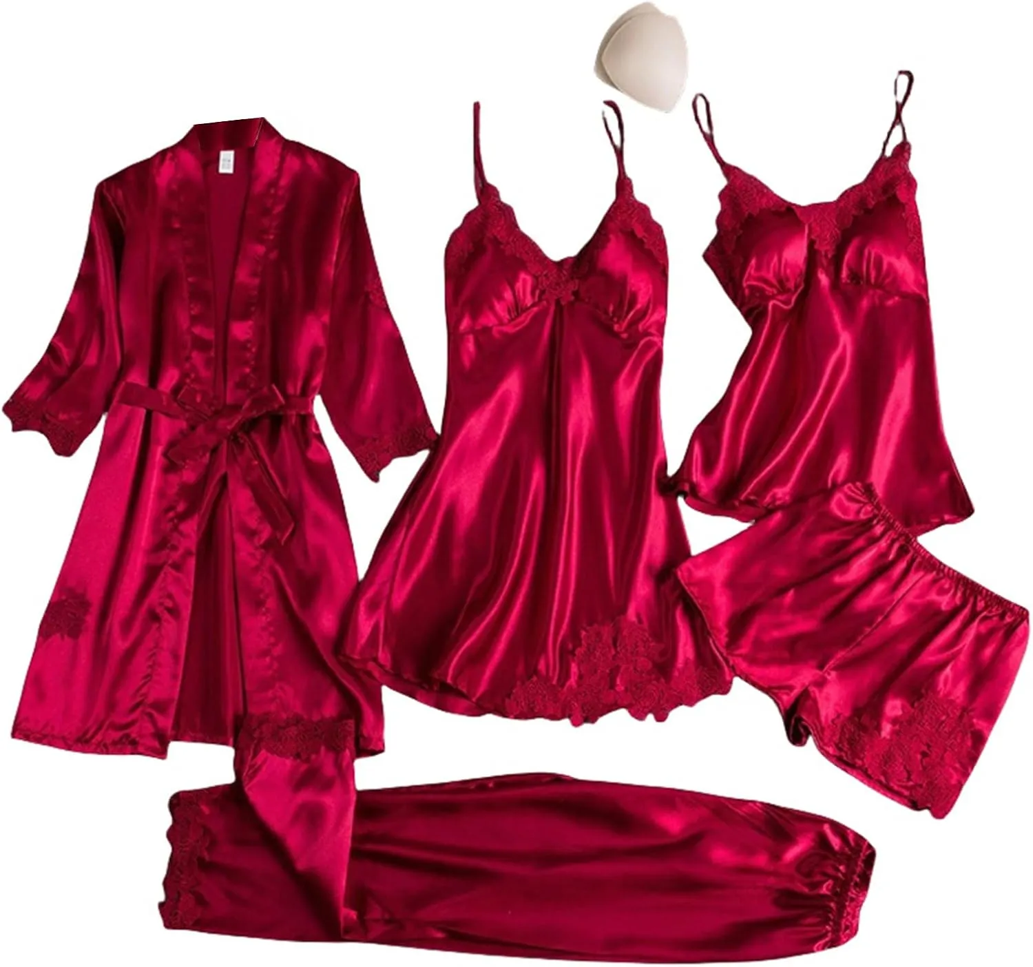 Women's Satin Pajama Sets 5 Piece Sexy Lace Pjs Robes Cami Shorts Pants Lounge Sleepwear Casual Lightweight Nightwear