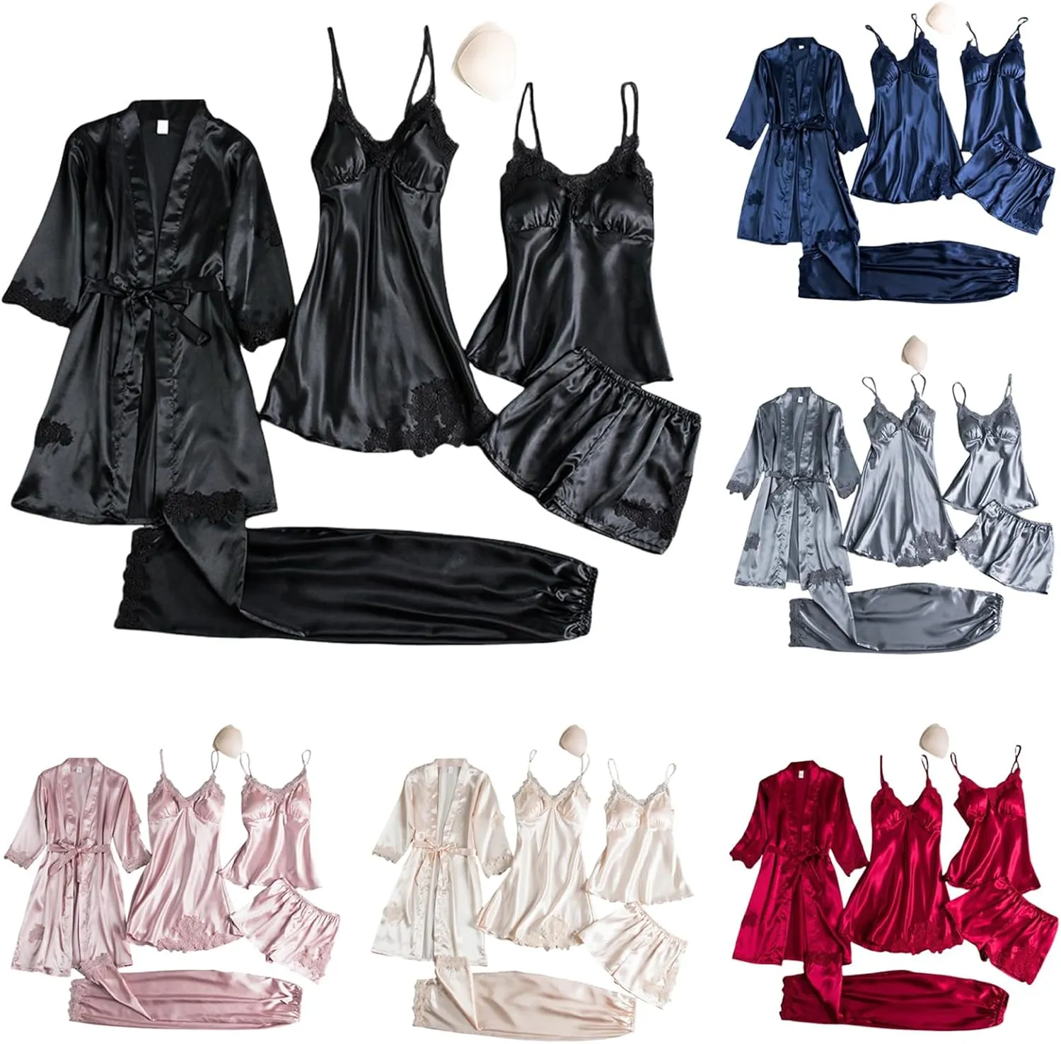 Women's Satin Pajama Sets 5 Piece Sexy Lace Pjs Robes Cami Shorts Pants Lounge Sleepwear Casual Lightweight Nightwear