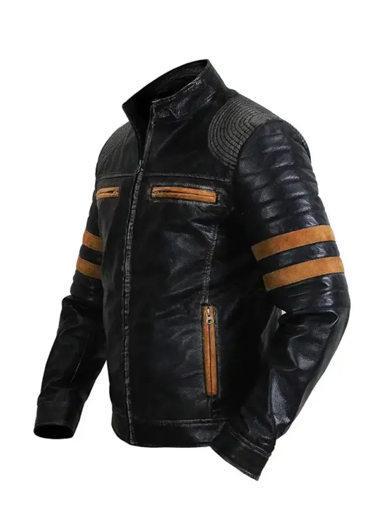 Yellow Stripe Vintage Biker Leather Jacket
