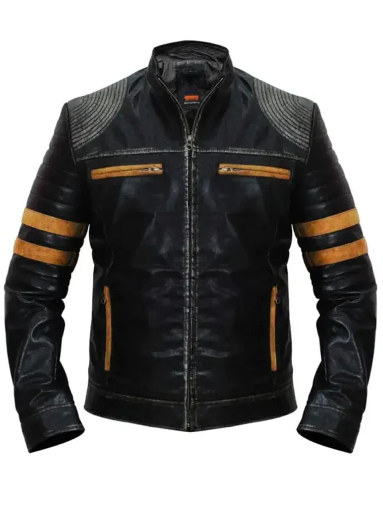 Yellow Stripe Vintage Biker Leather Jacket